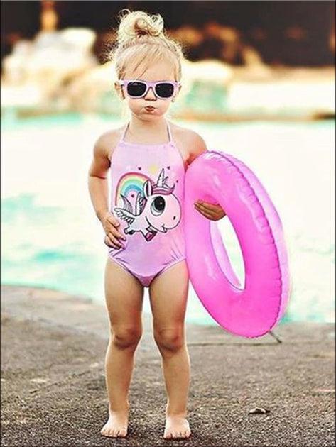 Girls Pink Halter Unicorn Print Backless One Piece Swimsuit – Mia Belle