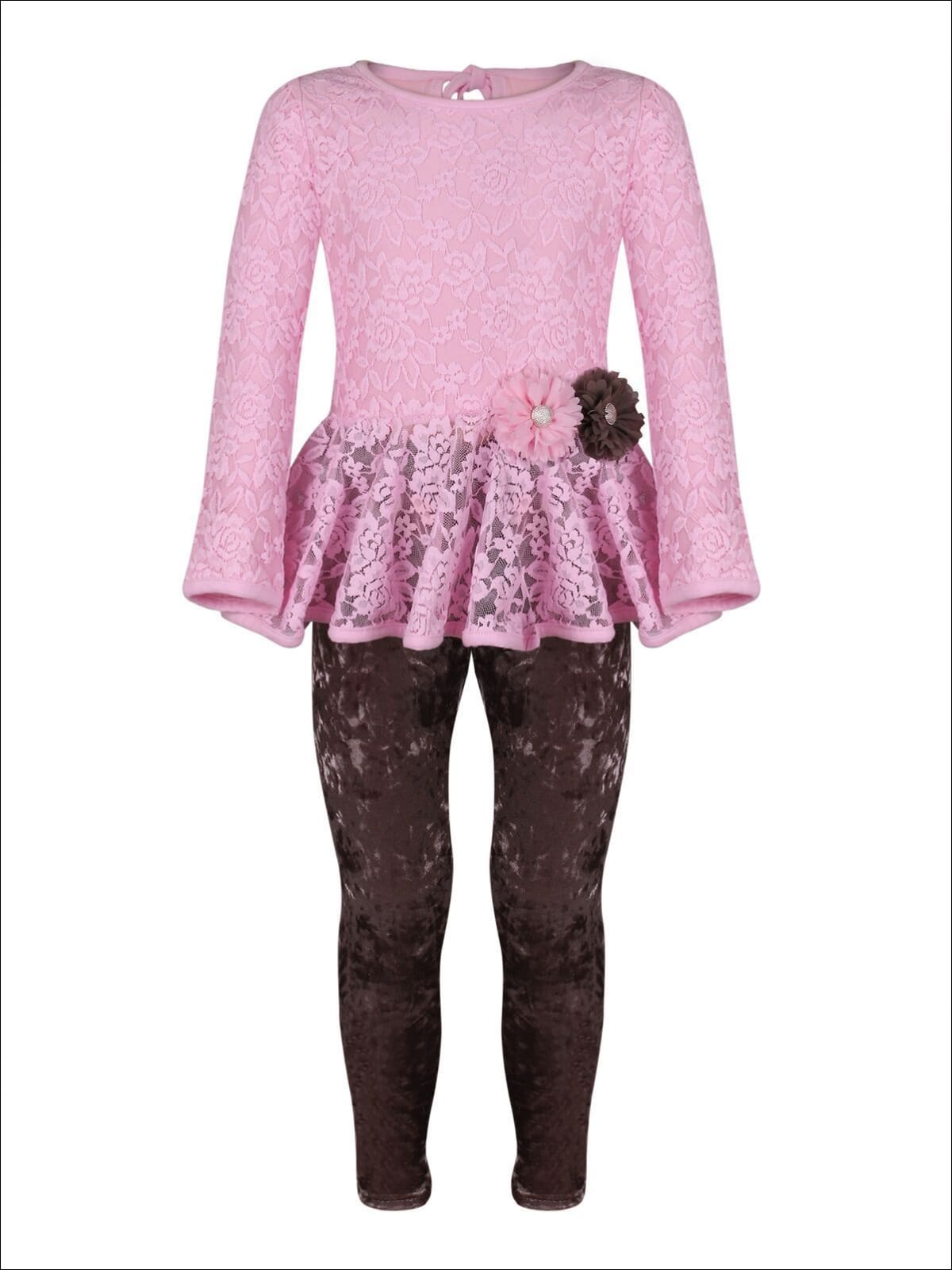 Girls Pink Lace Peplum Tunic Andamp; Velvet Leggings Set – Mia