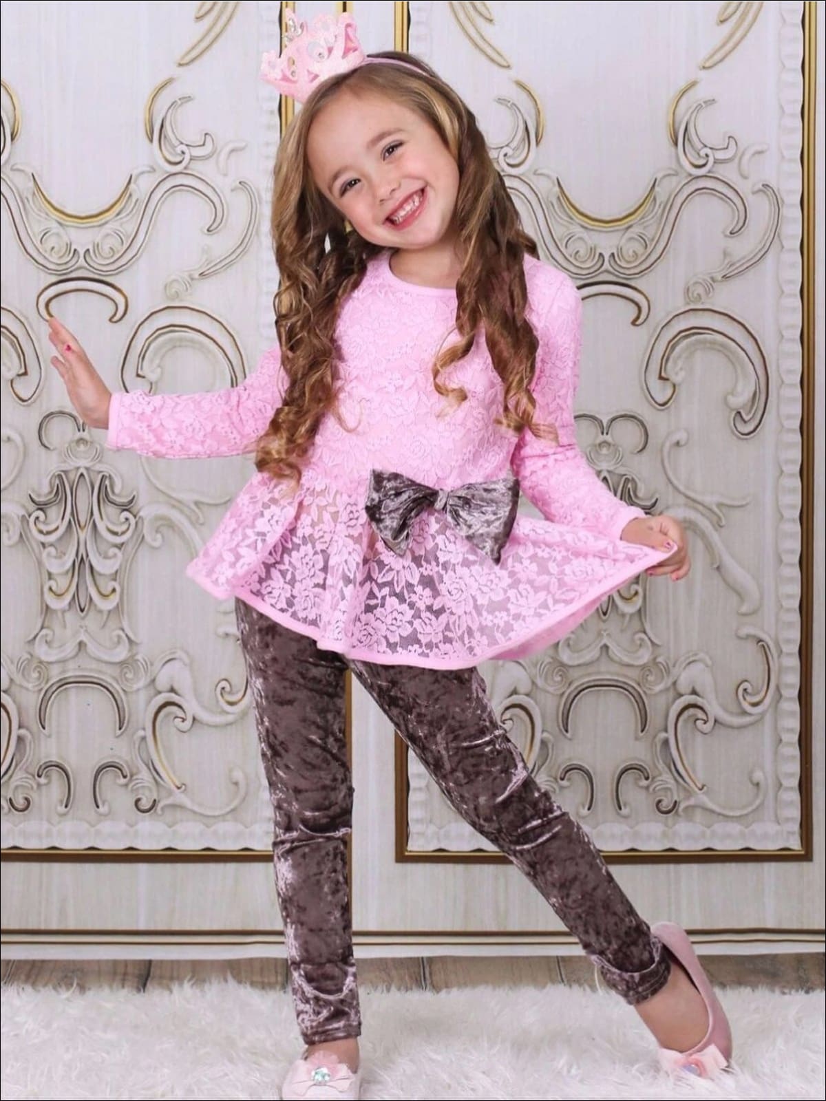 Girls Pink Lace Peplum Tunic And Velvet Legging Set