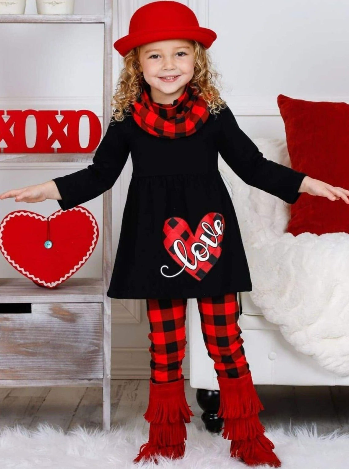 Valentine's Outfit  Girls Heart Plaid Heart Tunic, Scarf And Legging Set – Mia  Belle Girls