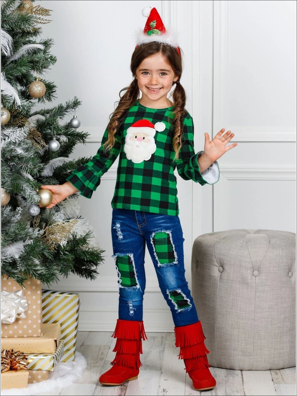 Cute Winter Denim Sets  Girls Santa Face Plaid Patched Jeans Set