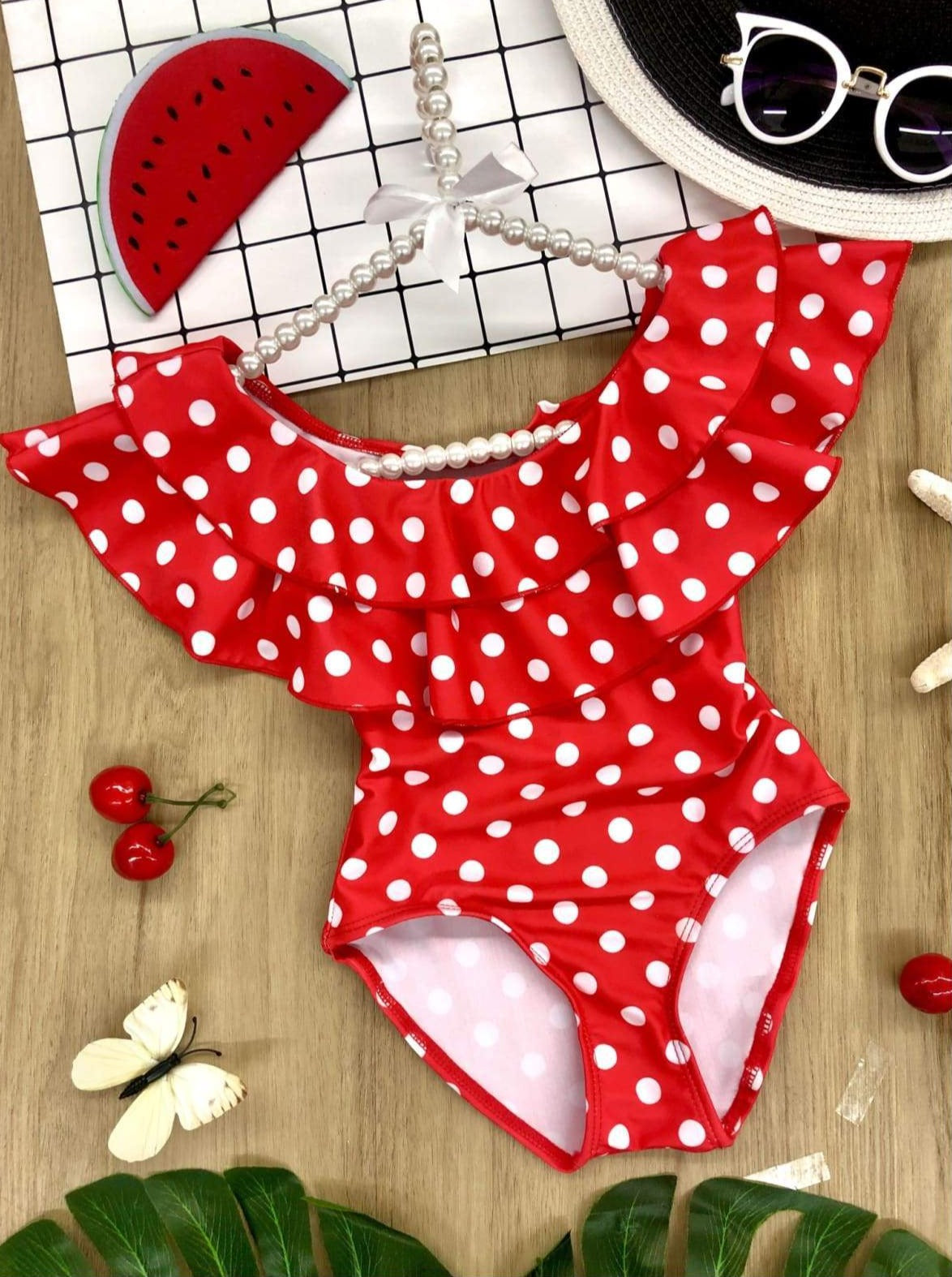 Kids Swimsuits  Girls Polka Dot Double Ruffle One Piece Swimsuit – Mia  Belle Girls