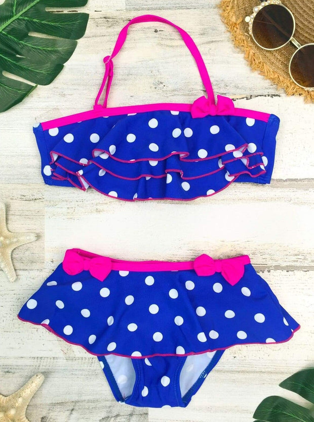 Girls Polka Dot Halter Ruffled Skirted Bottom Two Piece Swimsuit with ...