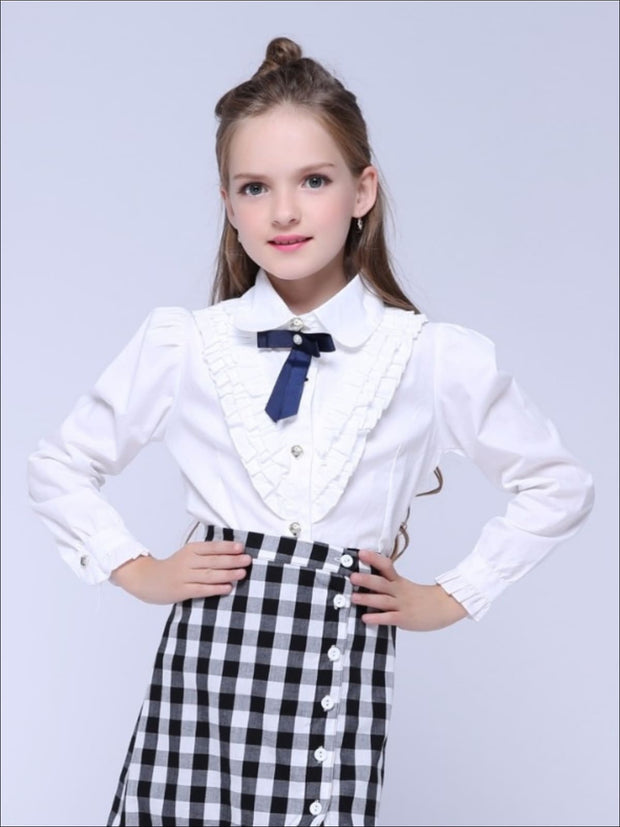 Girls Preppy V-Shape Ruffle Trim Bow Collar Long Sleeve Blouse – Mia ...