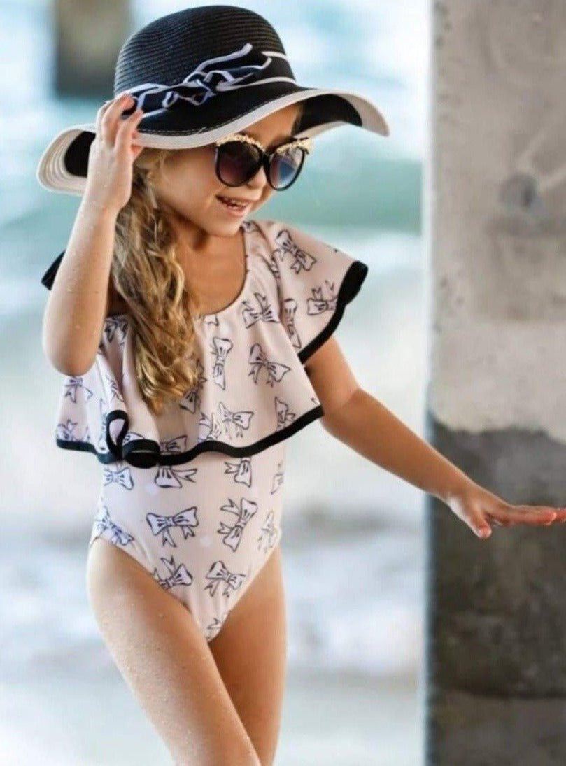 Girls Printed One Shoulder Ruffle One Piece Swimsuit