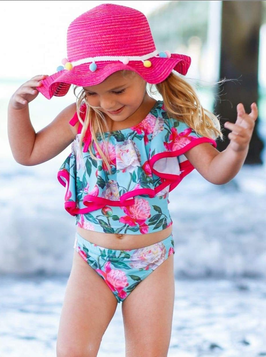 Girls Ruffled Top & Short Bottoms Two Piece Swimsuit - Mia Belle Girls Hot Pink / 8Y/10Y