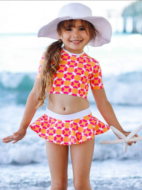 Mia Belle Girls Printed Skirted Rash Guard Two Piece Swimsuit