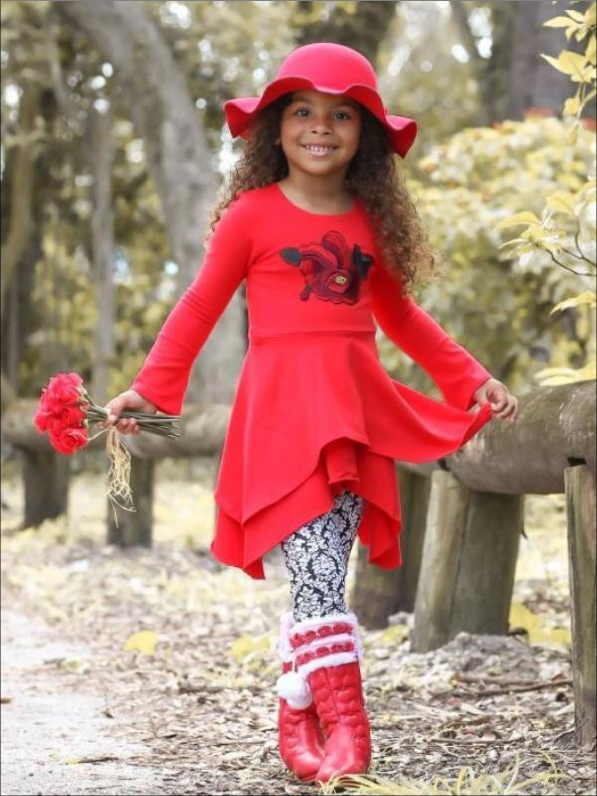 Girls Red & Black Double Layer Cuffed Sleeve Tunic & Leggings Set