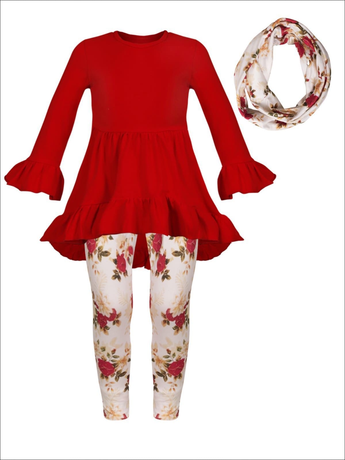 Girls Red Long Sleeve Ruffled Tunic Floral Leggings & Scarf Set – Mia ...