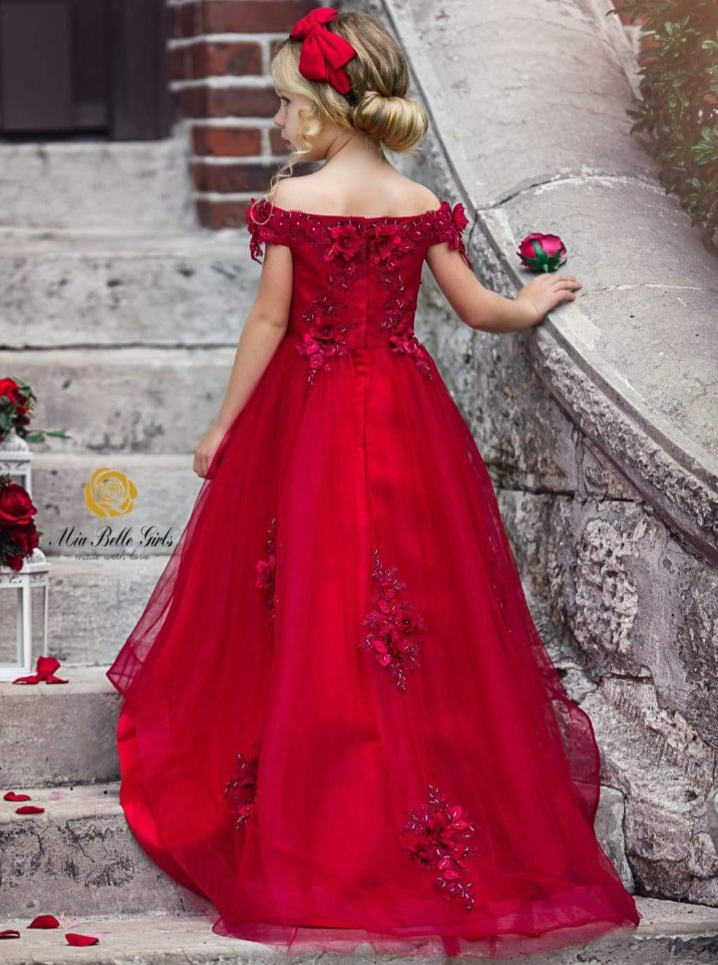 Girls Red Off Shoulder Floral Applique Hi-Low Dress with Long Train ...