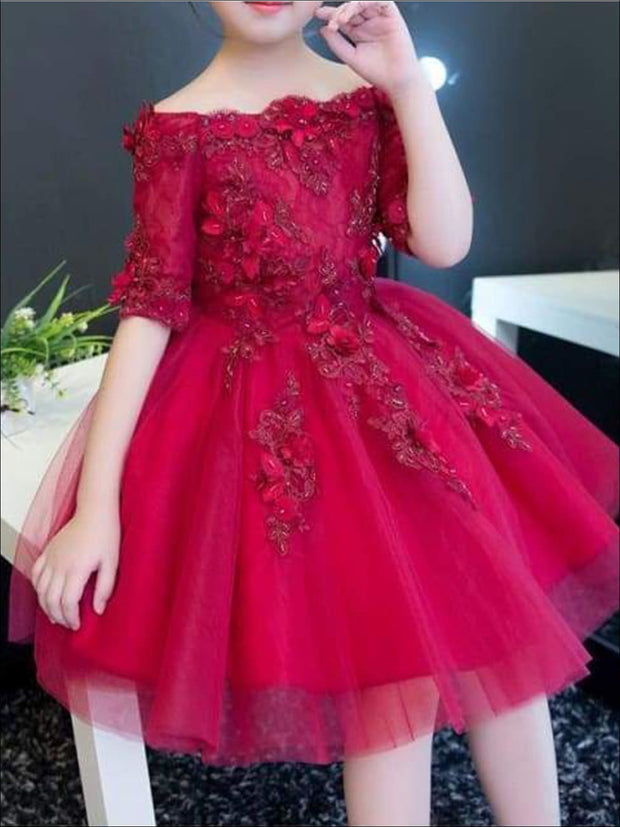 Girls Red Off Shoulder Floral Applique Holiday Special Occasion Dress