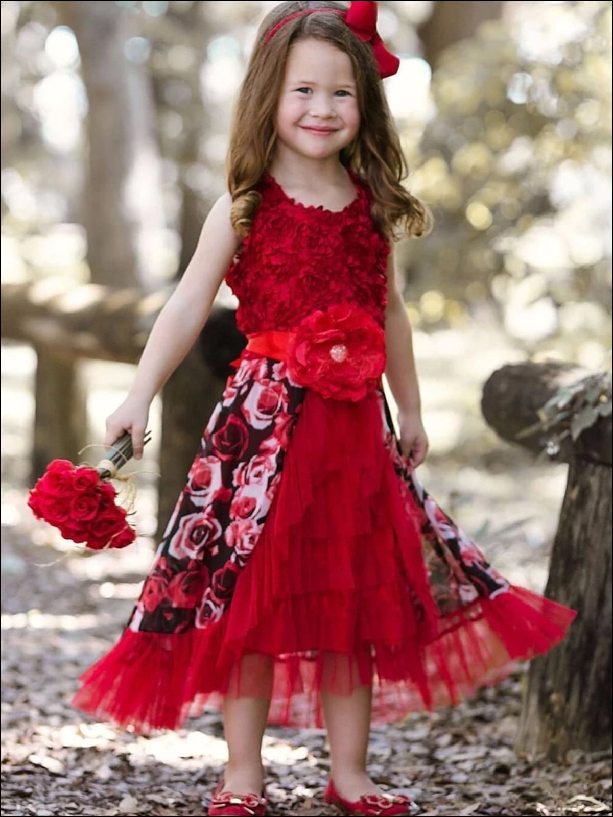 Girls Red Rose Rosette Bodice Ruffled Princess Dress – Mia Belle Girls