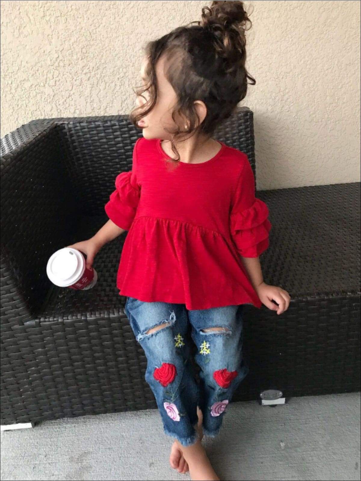 Toddlers Ruffle Sleeve Top & Distressed Jeans Set - Mia Belle Girls