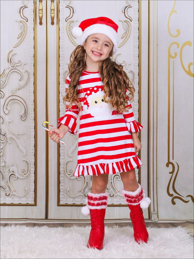 Girls Red Striped Santa Applique Ruffled Christmas Dress – Mia Belle Girls