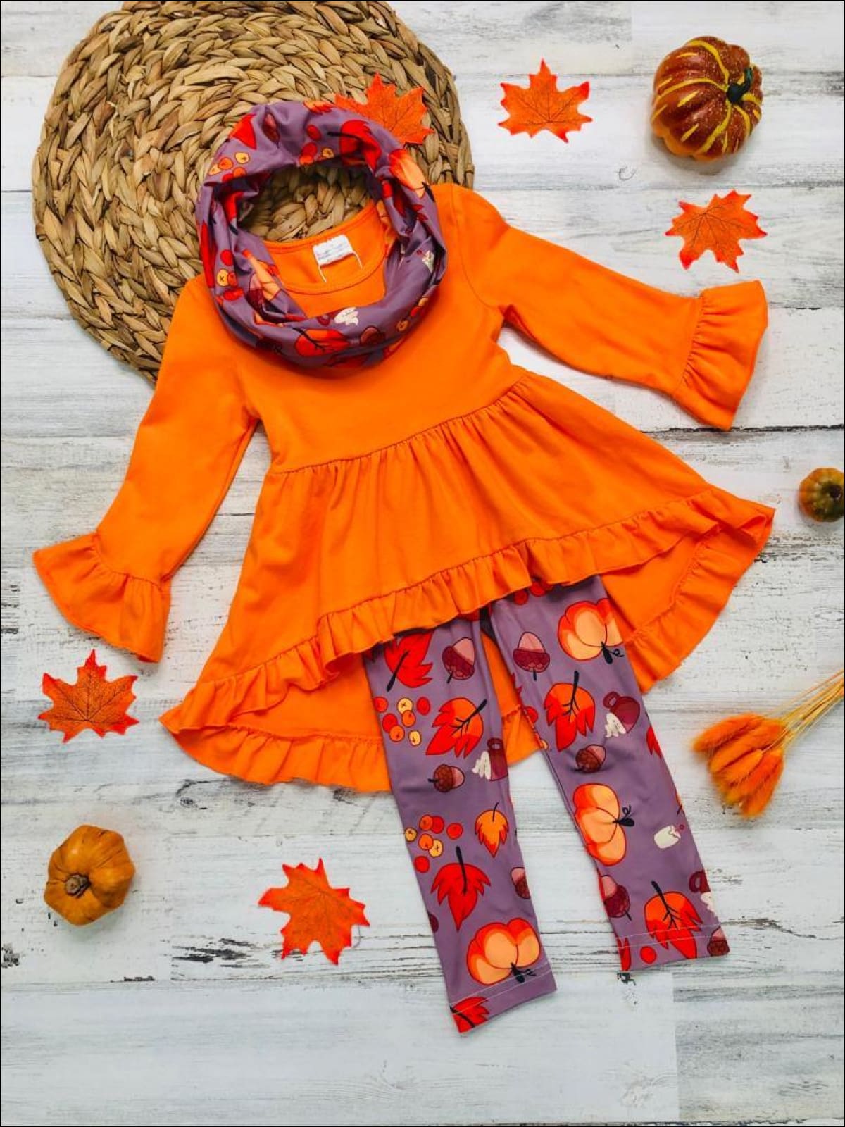 Image of Pumpkin Delight Hi Lo Tunic, Legging & Scarf Set