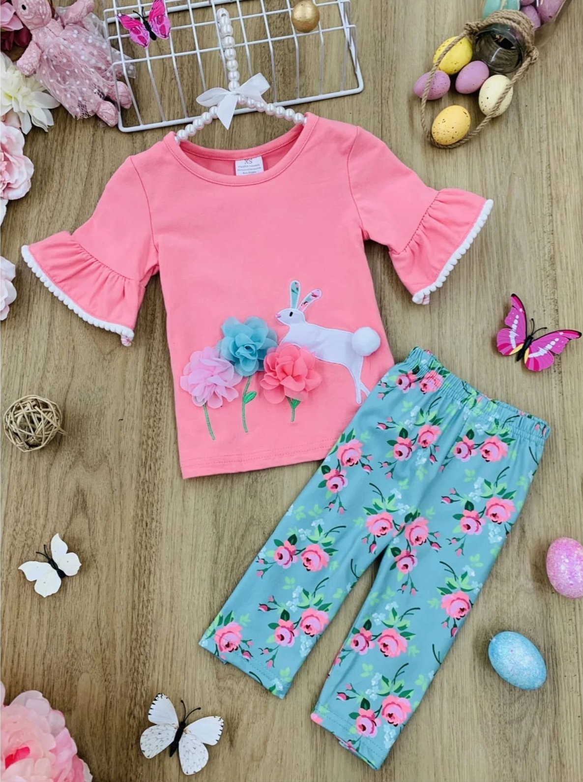 Girls Ruffled Bunny Mesh Floral Top and Capri Leggings Set