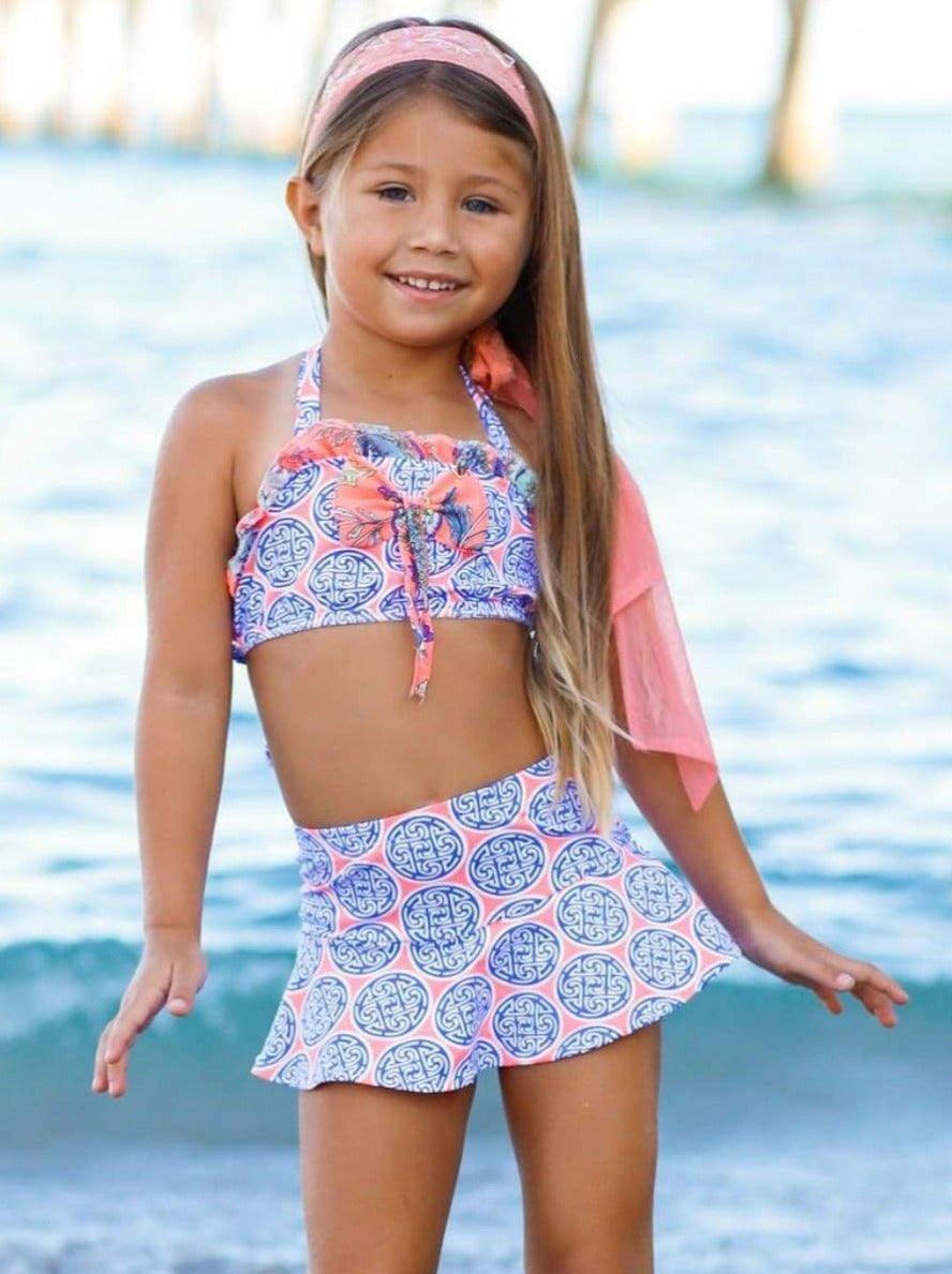 Girls Ruffled Top & Short Bottoms Two Piece Swimsuit - Mia Belle Girls Hot Pink / 8Y/10Y