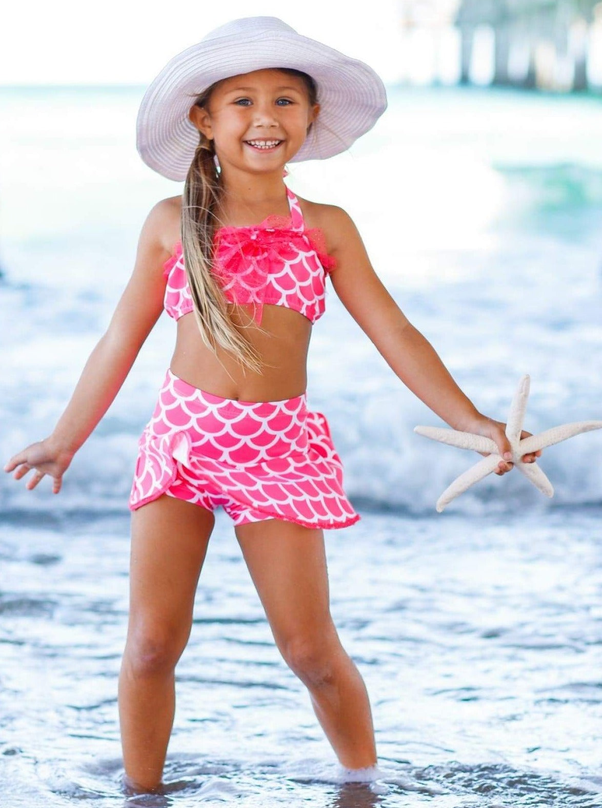 Girls Ruffled Halter Neck Top with Bow & Skirted Shorts Two Piece Swimsuit