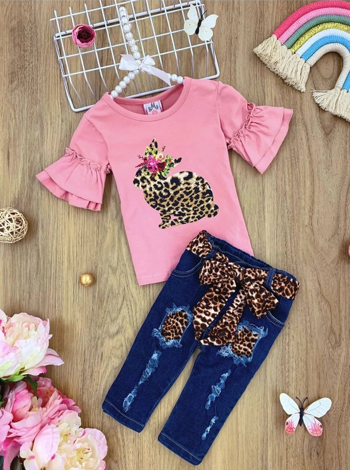 Toddlers Ruffle Sleeve Top & Distressed Jeans Set - Mia Belle Girls