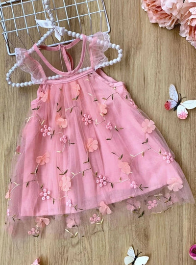 Girls Ruffled Sleeve Floral Pink Mesh Dress – Mia Belle Girls
