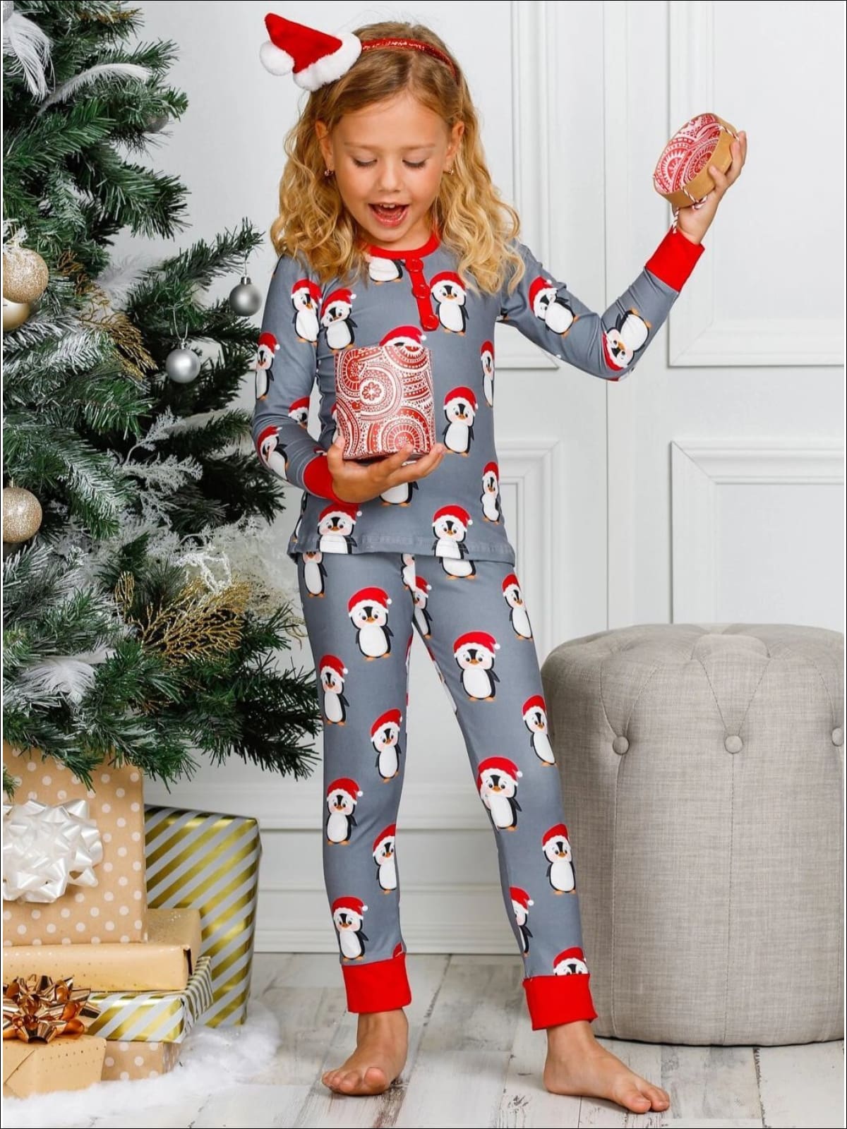 Kids Cute Winter Pajamas  Girls Christmas Penguin Pajama Set