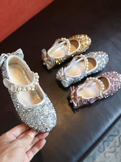 Girls Sequined Flats With Pearl Embellished Strap (3 Color Options ...