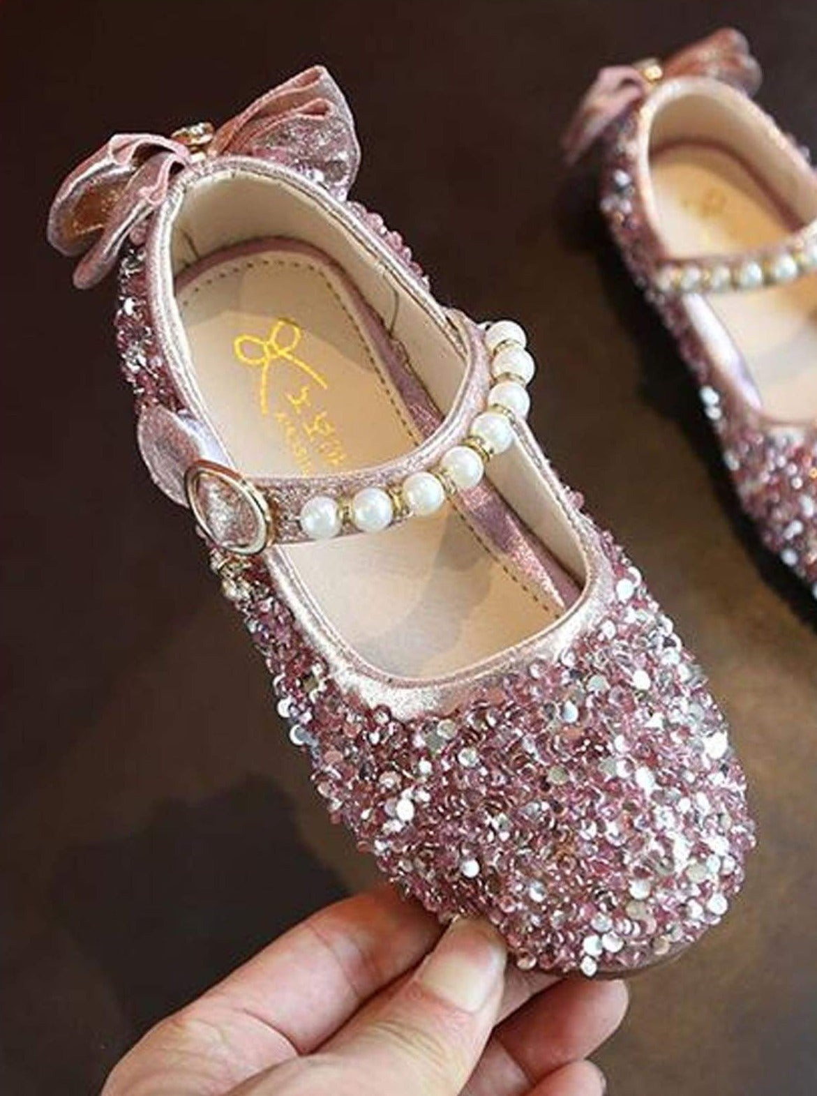 Girls Sequined Flats With Pearl Embellished Strap (3 Color Options ...