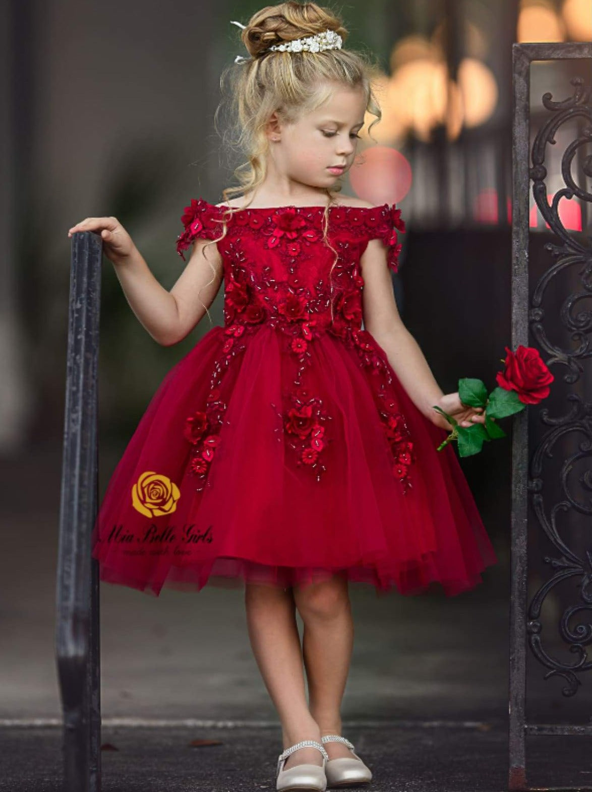 Girls Cute Formal Dresses | Red Off Shoulder Floral Holiday Dress – Mia Belle
