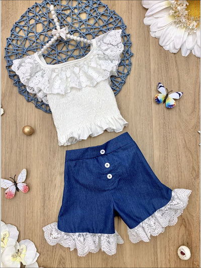 Mia Belle Girls Smocked Lace Ruffled Top and Denim Button Shorts Set