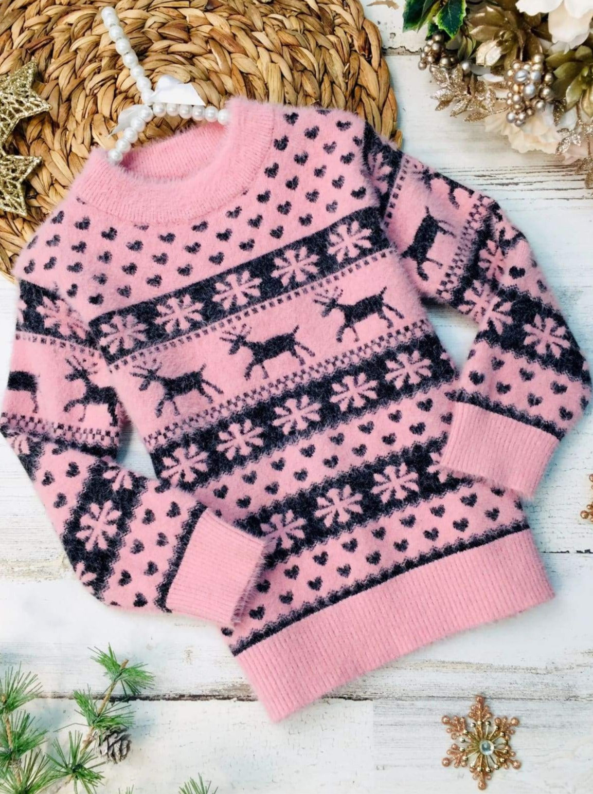 Girls Snowflake and Reindeer Heart Fuzzy Sweater