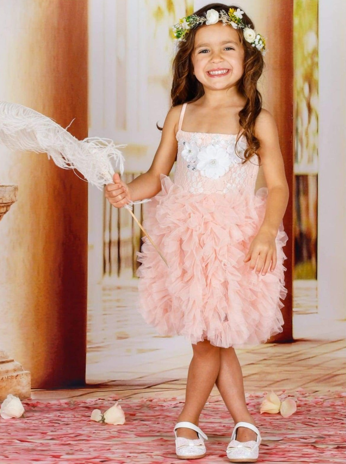 Girls Spaghetti Strap Flower Applique Ruffled Tutu Dress