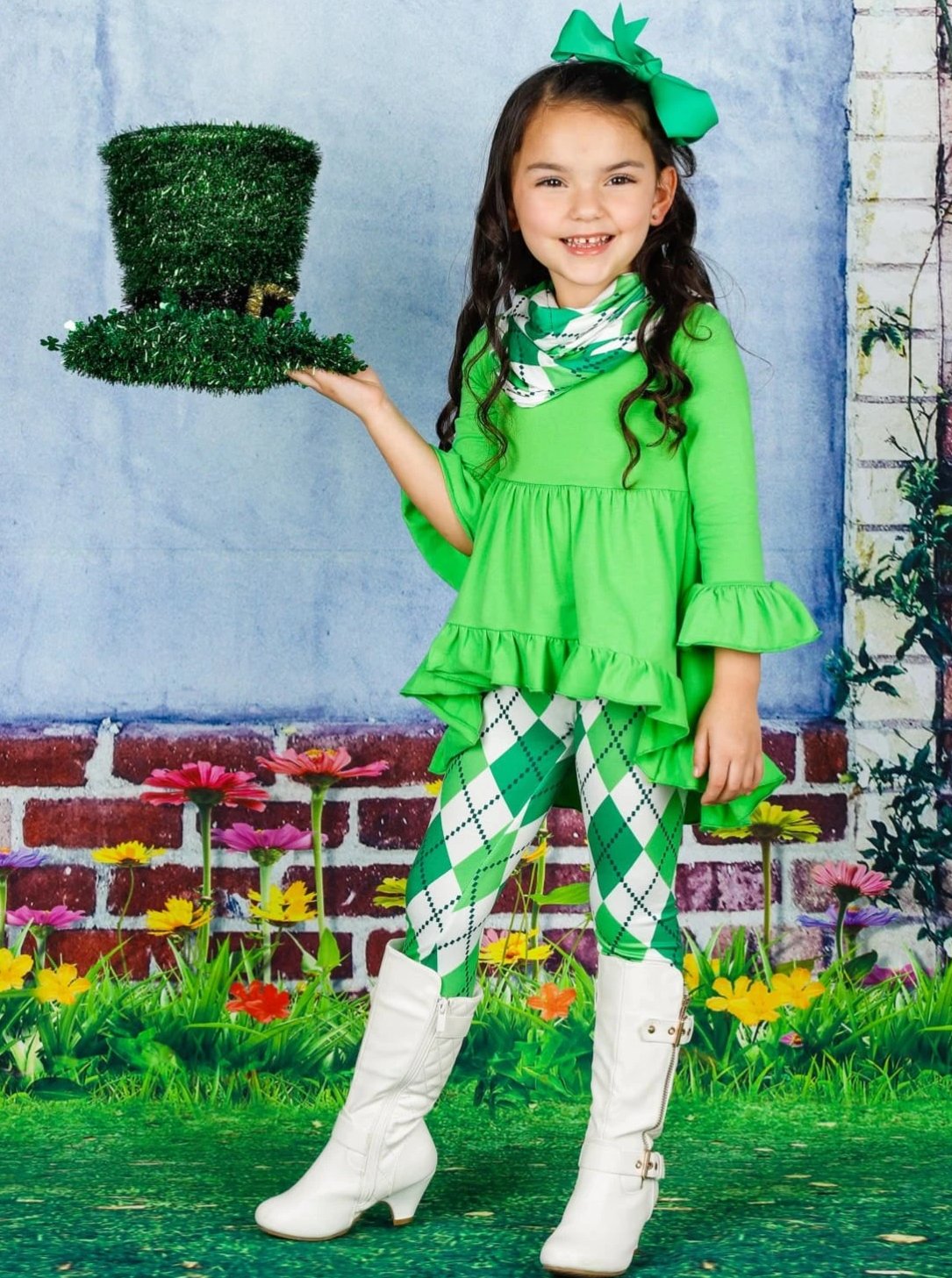 Girls St. Patrick’s Day Long Sleeve Hi-Lo Ruffled Tunic, Argyle Print  Leggings & Scarf Set