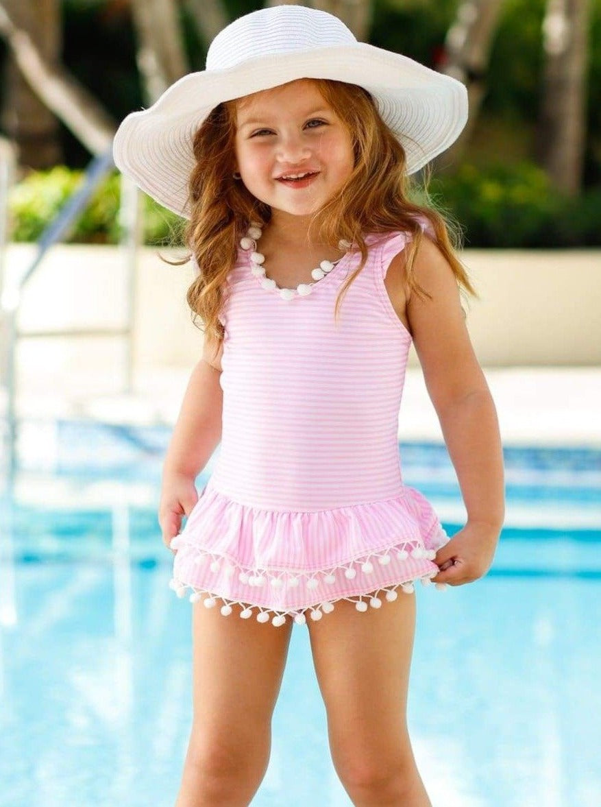 Girls' Striped One-Piece Swimsuit with Ruffles, Summer Beachwear