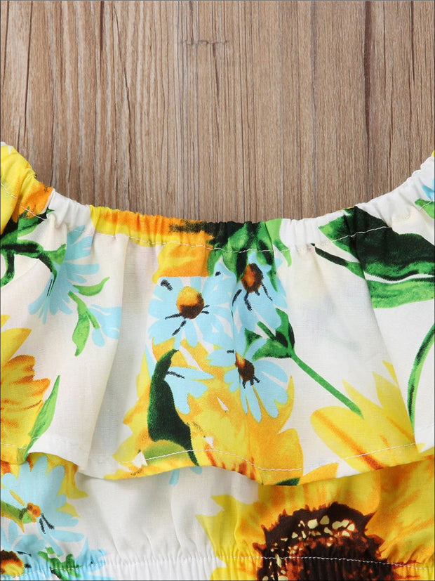 Girls Sunflower Print Ruffled Off Shoulder Crop Top & Maxi Skirt – Mia ...
