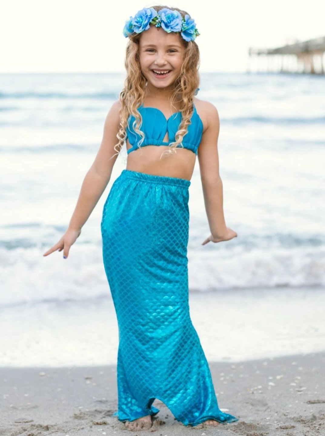 Mia Belle Girls Sweetheart Top Ruffled Mermaid Bikini With Tail Skirt