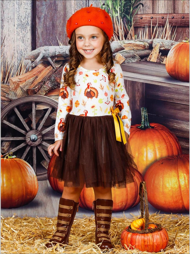 Girls Thanksgiving Themed Turkey Print Tutu Skirt Dress with Bow Mia