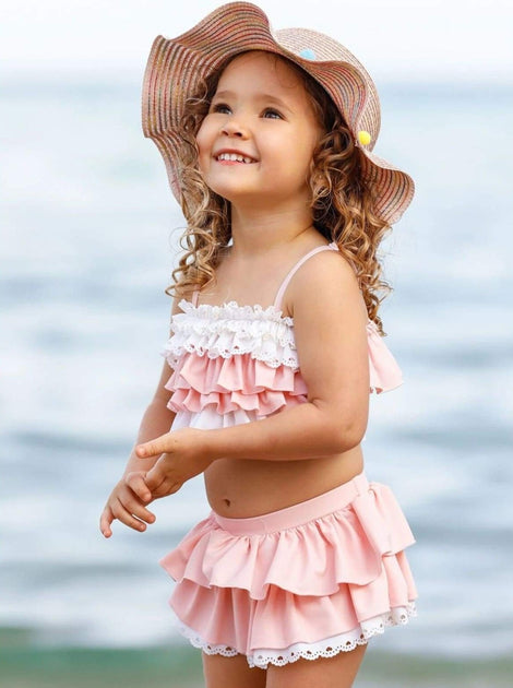 Mia Belle Girls Tiered Ruffled Eyelet Two Piece Swimsuit