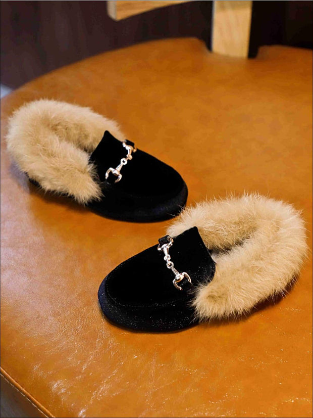 Girls Velvet Faux Fur Loafers By Liv 
