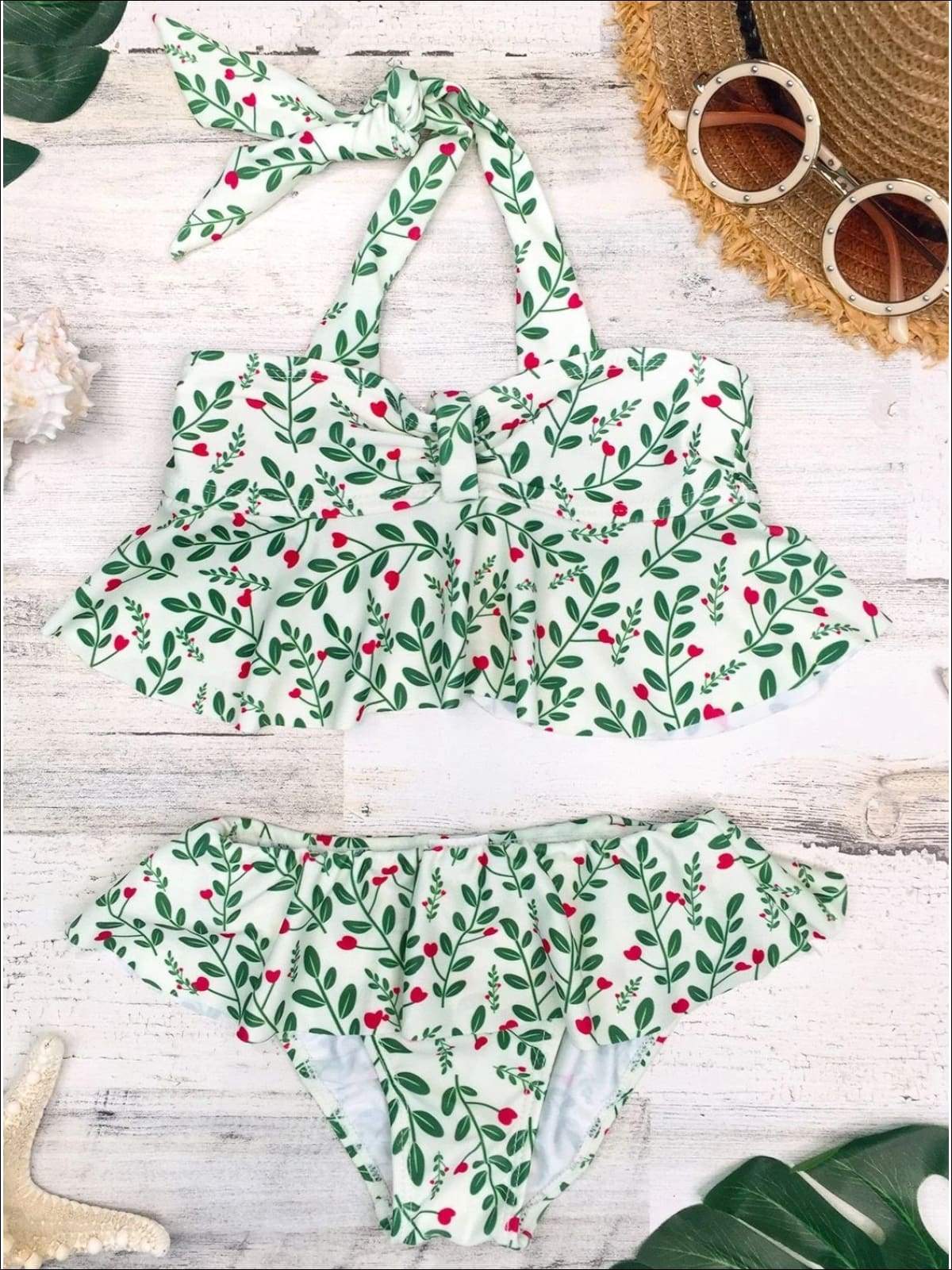 Kids Swimsuits  Girls Leaf Print Ruffled Halter Two Piece