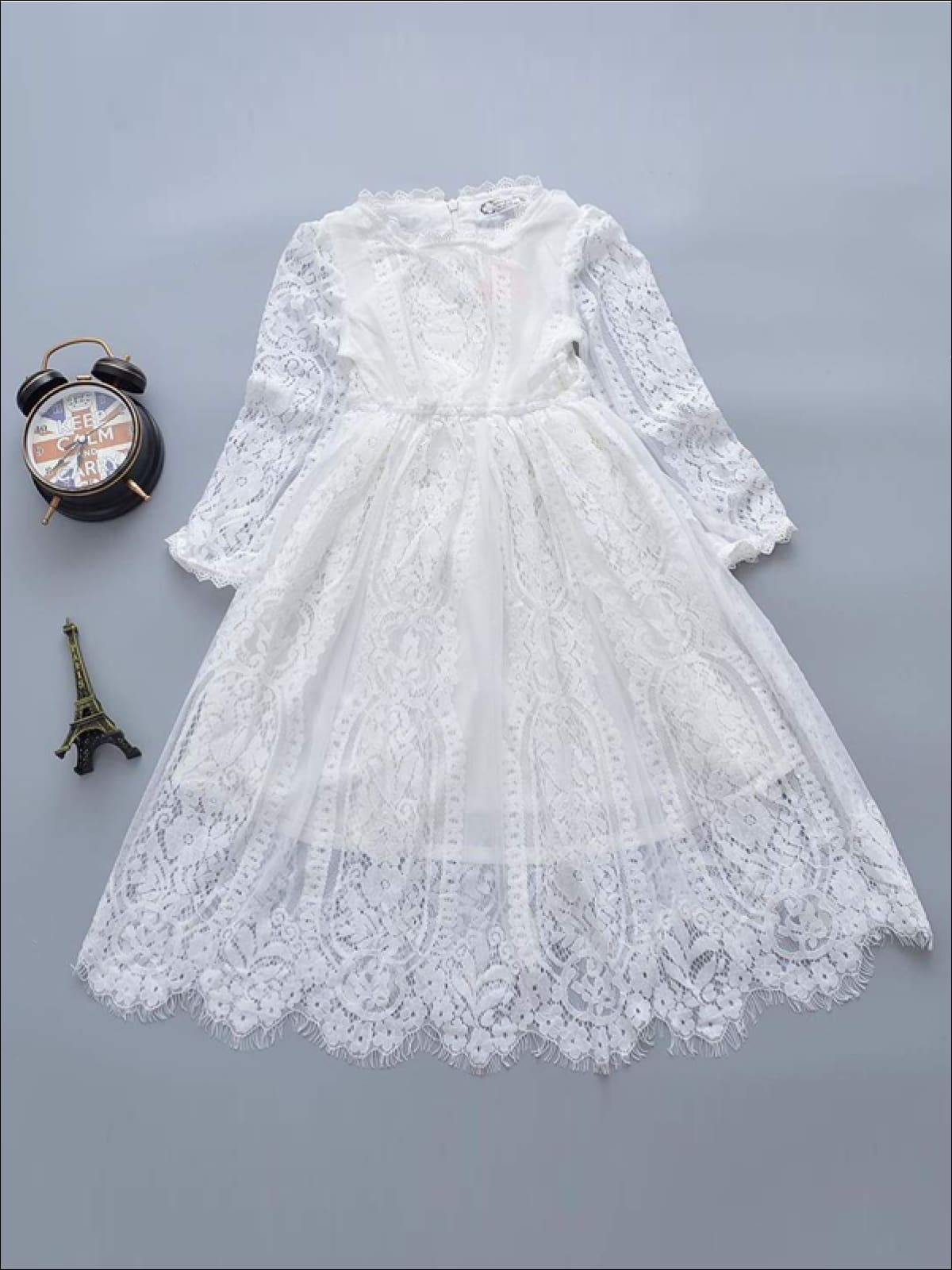 Girls White Long Sleeves Lace Dress ( 2 