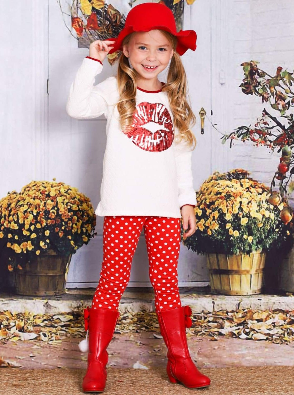 Girls White & Red Long Sleeve Tunic with Sequin Applique Kiss & Leggings Set