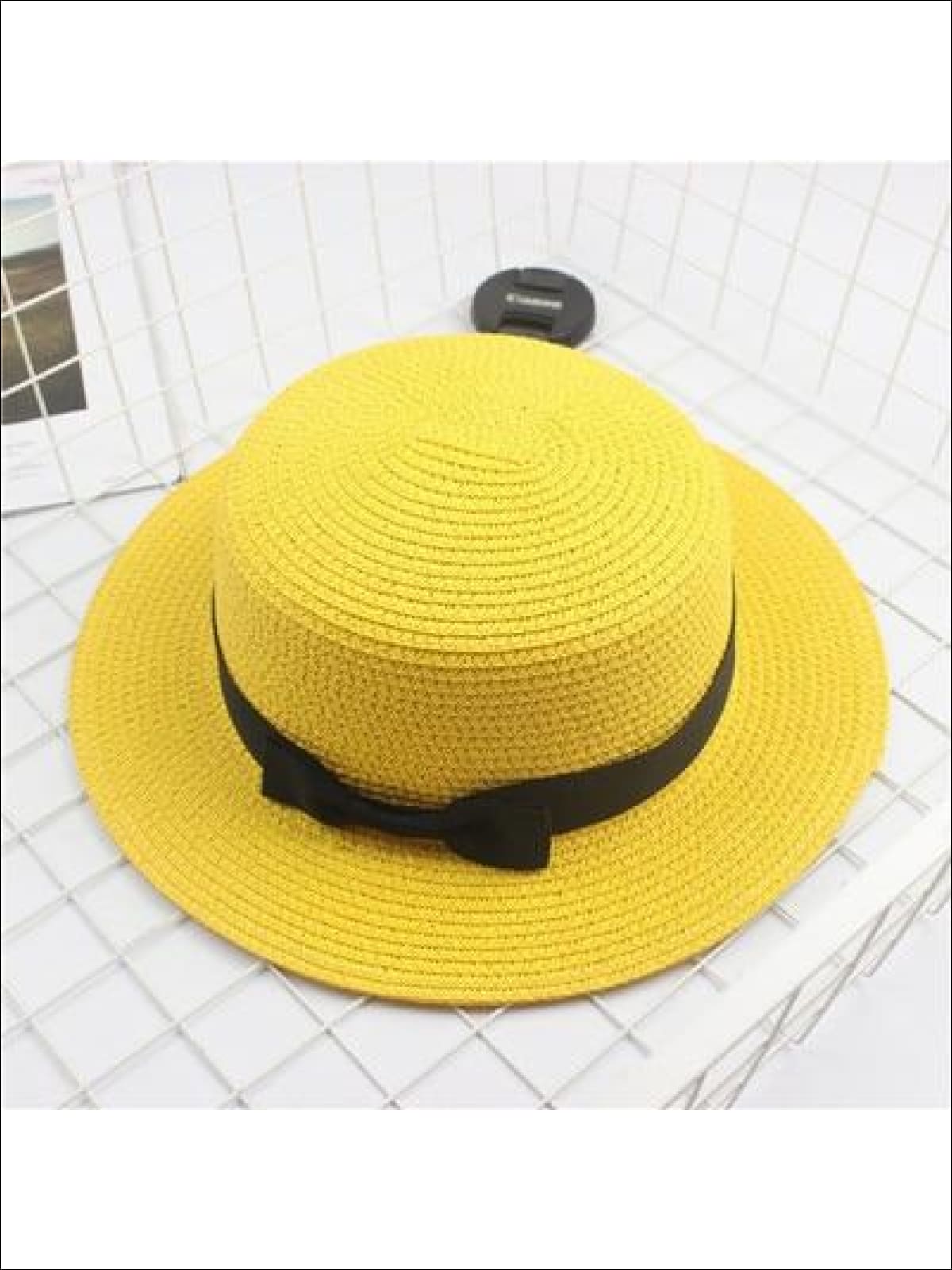 Girls Woven Straw Fedora Hat with Bow Tie (Multiple Color Options) Yellow / One Size