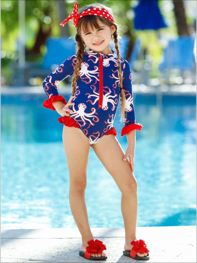 Mia Belle Girls Zipper Ruffled Rash Guard One Piece Swimsuit