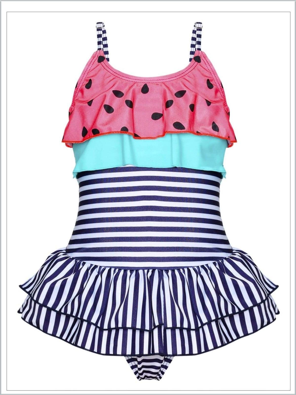 Little Girls Watermelon Stripe One Piece Swimsuit - Mia Belle Girls