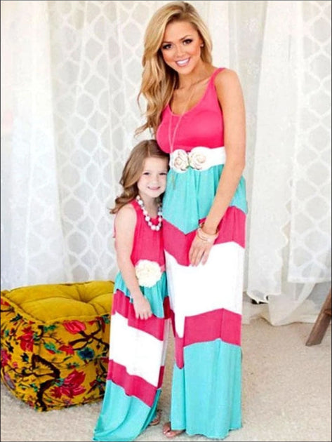 Mommy & Me Pink Blue & White Chevron Maxi Dress – Mia Belle Girls