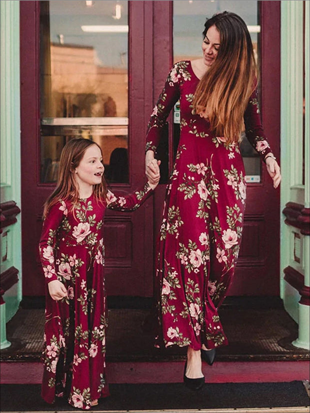 Mommy & Me Red Fall Floral Long Sleeve Maxi Dress – Mia Belle Girls