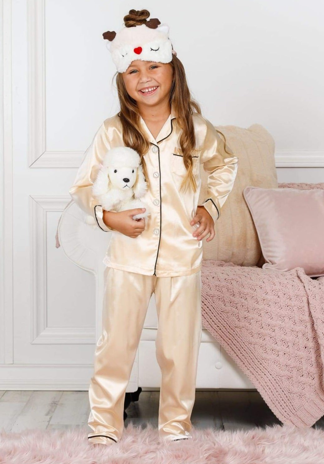 Mia Belle Girls Rust Checkered Silk Pajamas