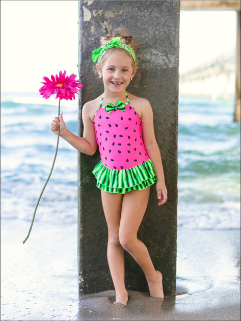 Watermelon Print Skirted One Piece Swimsuit – Mia Belle Girls