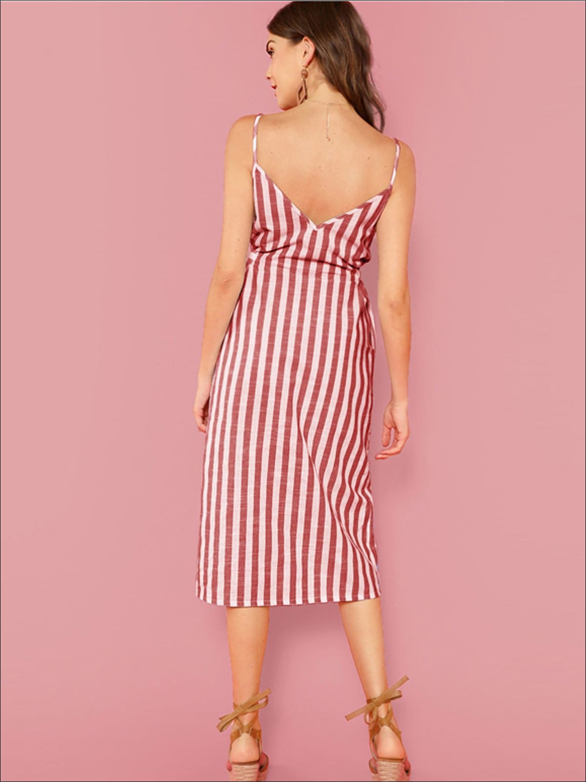 Women's Belted Striped Midi Dress With Side Pockets – Mia Belle Girls