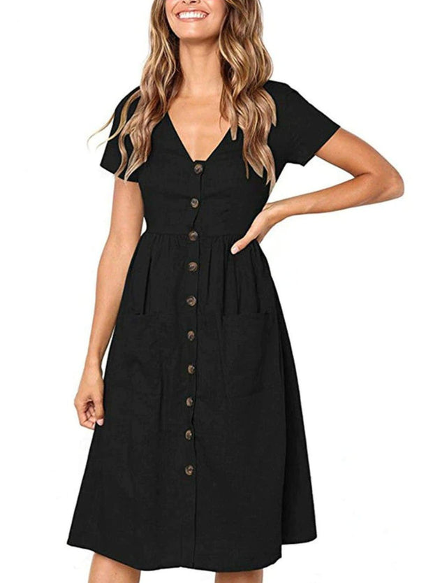 black dress with buttons down the front